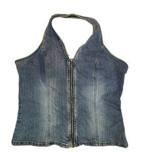 Denim Rhinestone Studded Halter Top- PLatinum Push